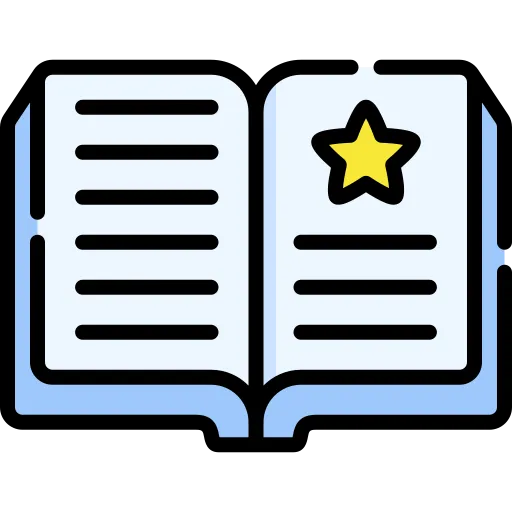 Ícono de libro blanco con estrella amarilla representando la experiencia en impresión de folletos de Artes Gráficas Carnevali.